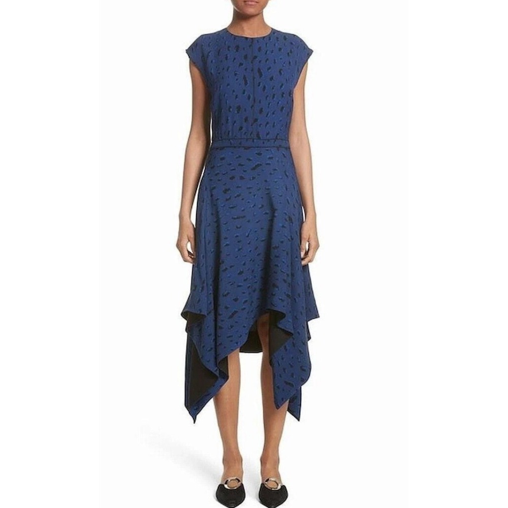 Proenza Schouler Asymmetric‎ Midi Dress Blue Leopard Print Silk Crepe Size 2